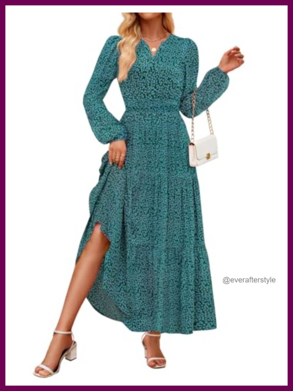 Boho Floral Long Sleeve Maxi Dress V Neck Tiered A-Line